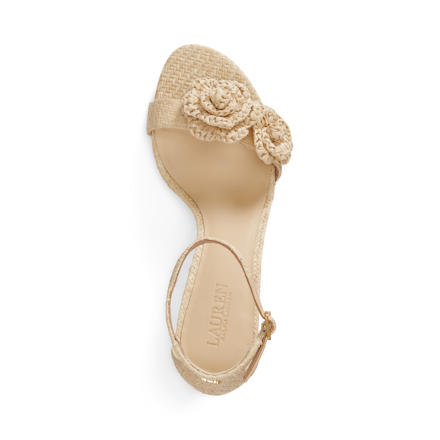 Женские сандалии Ralph Lauren Allie Mid-Heel Floral-Trim Raffia Sandal, цвет: Натуральный — фото 3