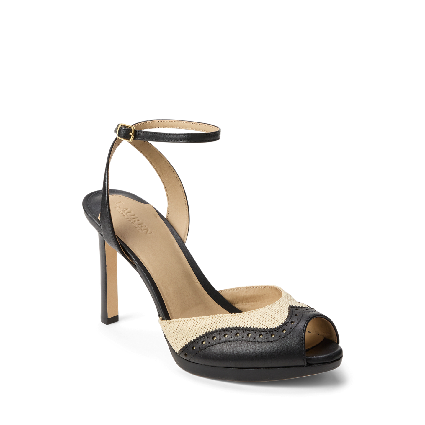 Женские сандалии Ralph Lauren Kyla Straw & Leather Wingtip Sandal, цвет: Натуральный / Чёрный — фото 1