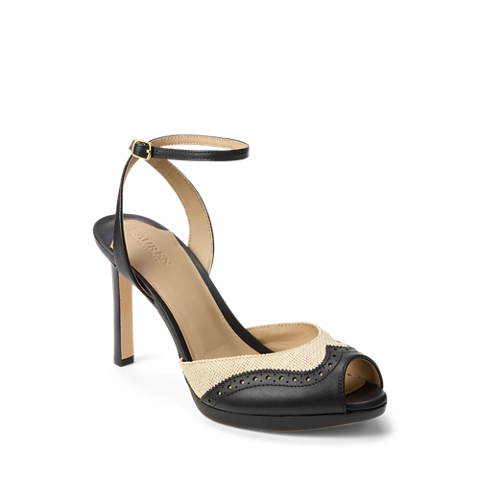 Женские сандалии Ralph Lauren Kyla Straw & Leather Wingtip Sandal, цвет: Натуральный / Чёрный