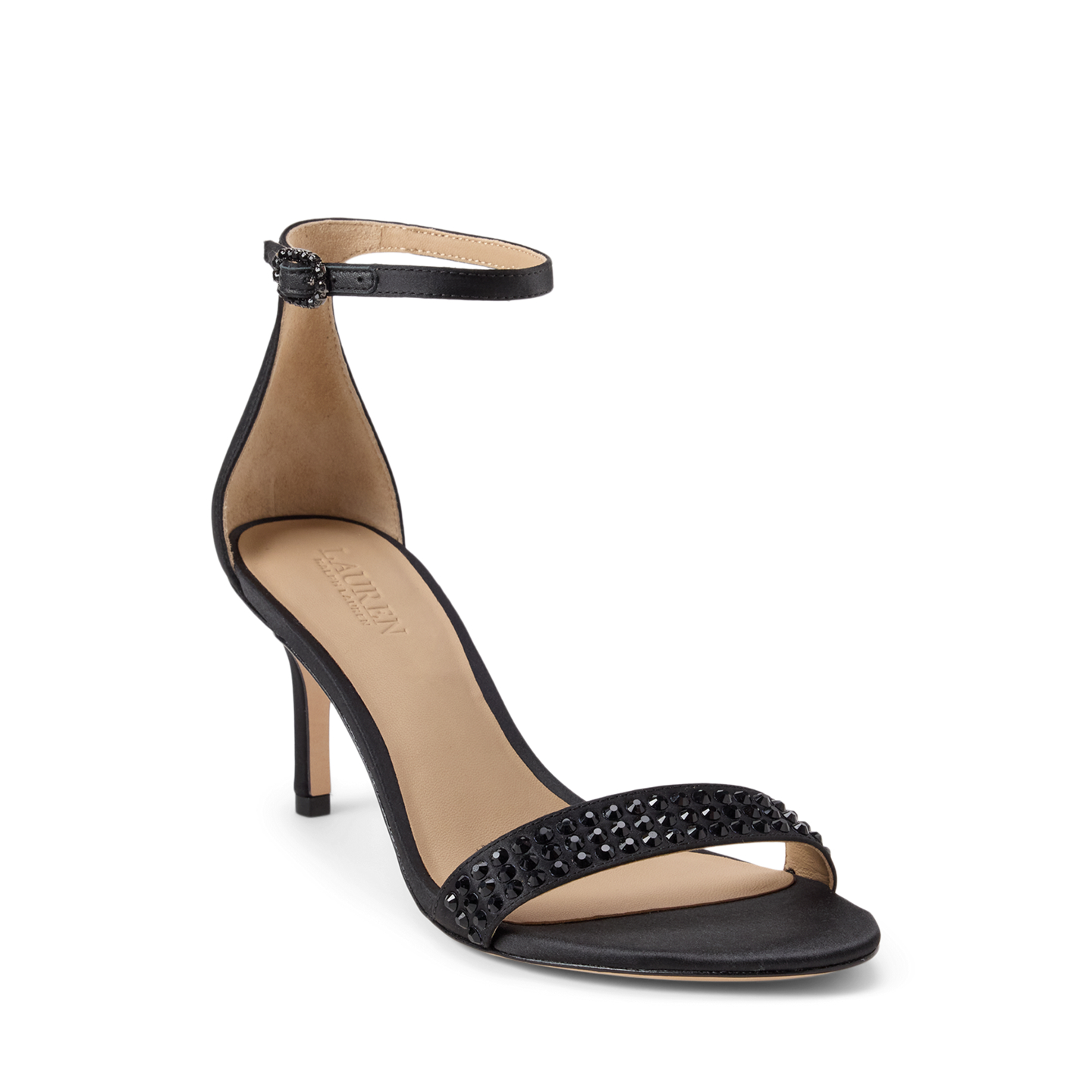 Женские сандалии Ralph Lauren Allie Mid-Heel Embellished Satin, цвет: Чёрный / Угольный — фото 1
