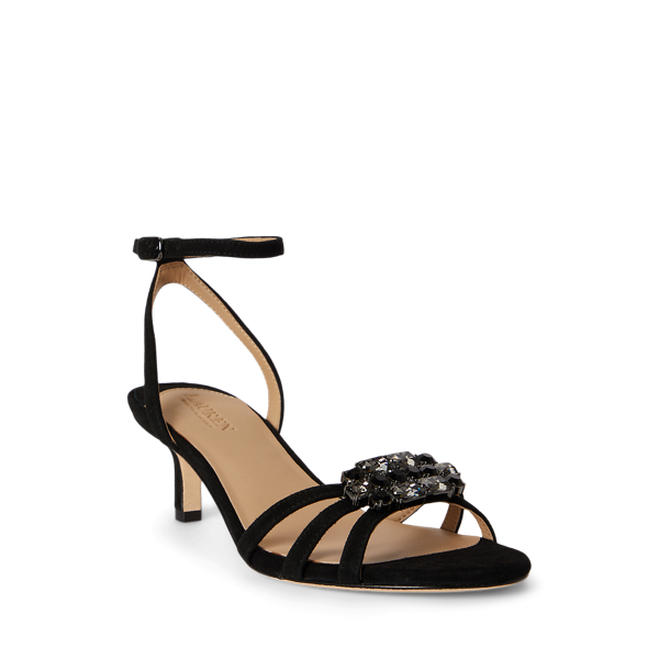 Kendyl Kitten-Heel Jeweled Suede Sandal