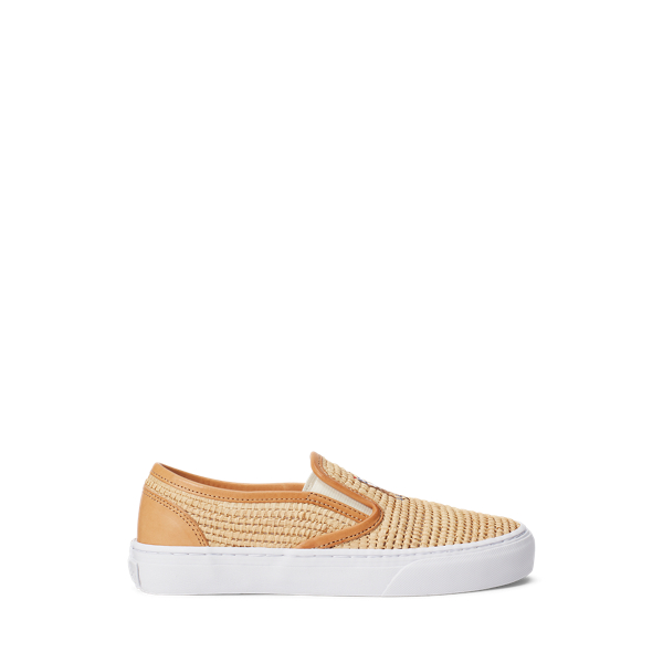 Raffia slip-on sneaker met leer