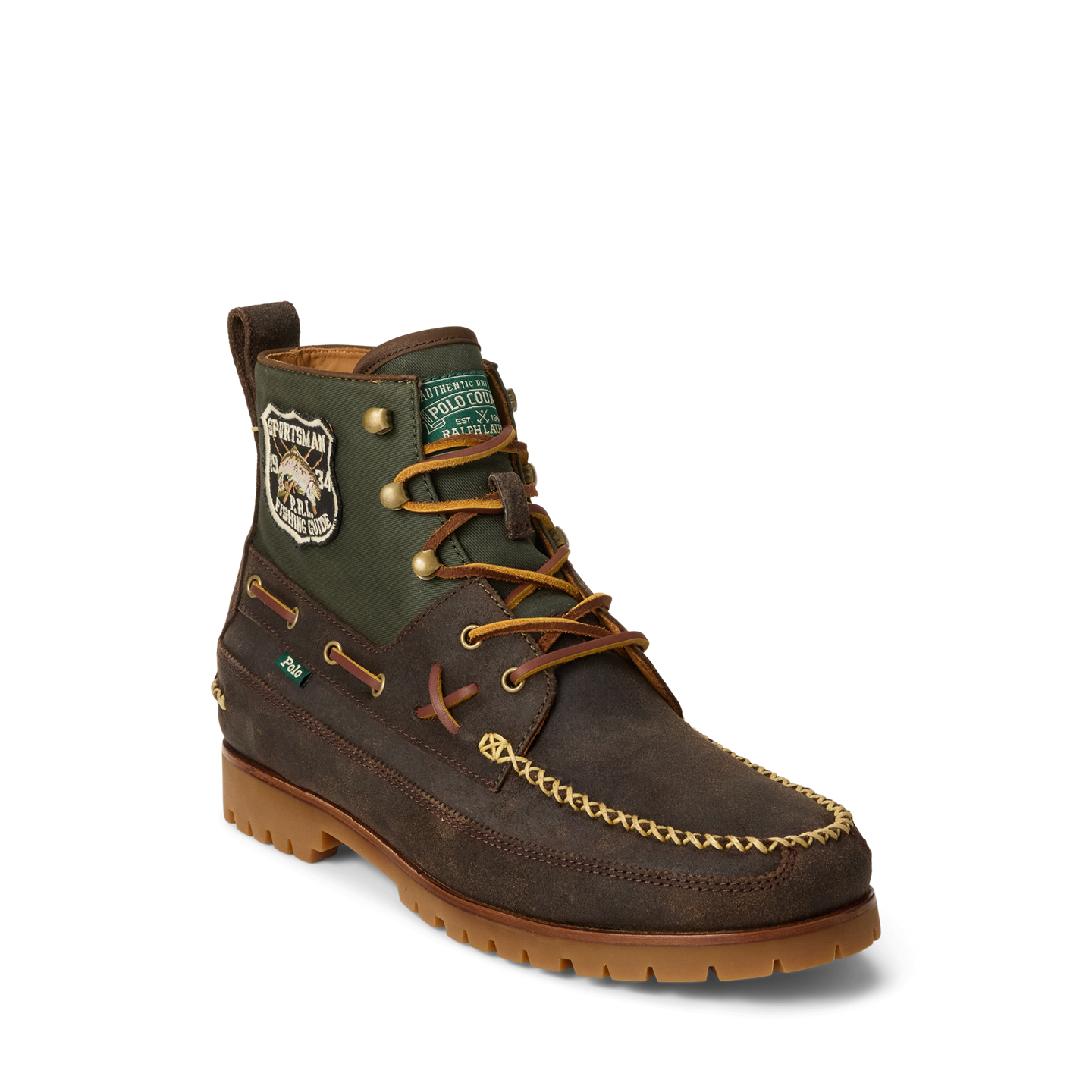 Мужские ботинки Ralph Lauren Ranger Mid Suede & Twill, цвет: Шоколадный коричневый / Оливковый — фото 1